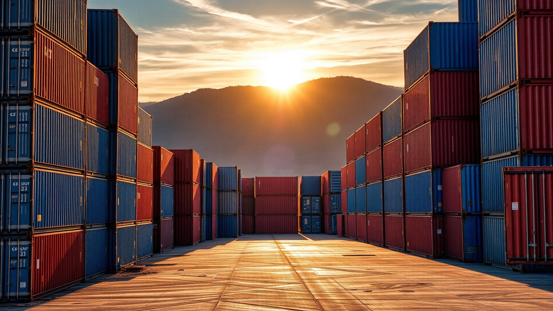Shipping containers stacked at a Nashville, Tennessee container depot at sunset